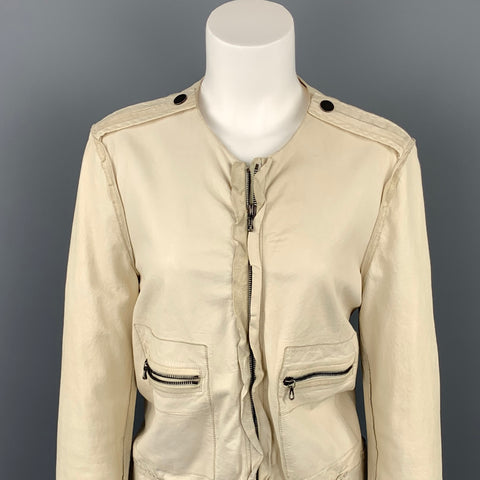 LANVIN Printemps 2010 Taille 4 Veste zippée à volants sans col en cuir blanc cassé