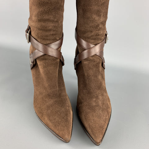RALPH LAUREN Talla 7 Botas de becerro puntiagudas con correa en el tobillo de ante marrón