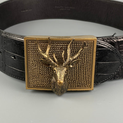RALPH LAUREN Collection Size S Black Brass Alligator Stag Head Belt