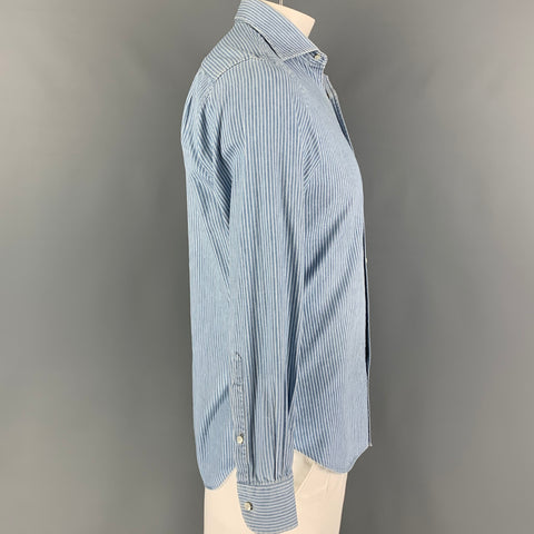 LORO PIANA Size M Blue White Stripe Cotton Button Up Long Sleeve Shirt