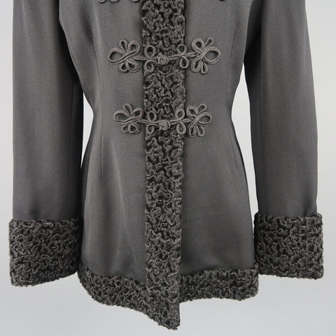 RALPH LAUREN Size 12 Black Wool High Collar Lamb Fur Trim Frog Closure Coat