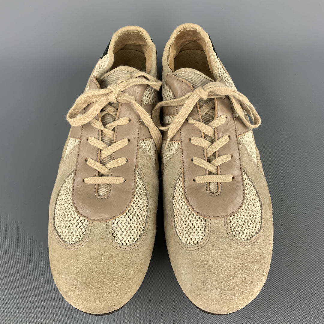 HELMUT LANG Size 11.5 Khaki Suede & Mesh Trainer Sneakers