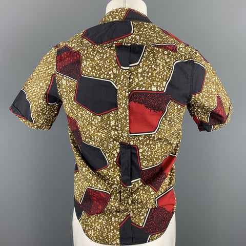 BURBERRY PRORSUM Size S Olive & Red Print Cotton Button Up Short Sleeve Shirt