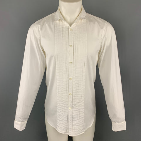 BURBERRY Talla S Camisa de manga larga con botones y cuello doble plisada de algodón blanco