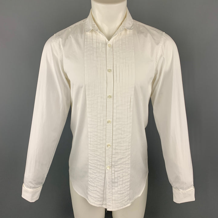 BURBERRY Taille S Chemise à manches longues plissée en coton blanc à double col boutonné