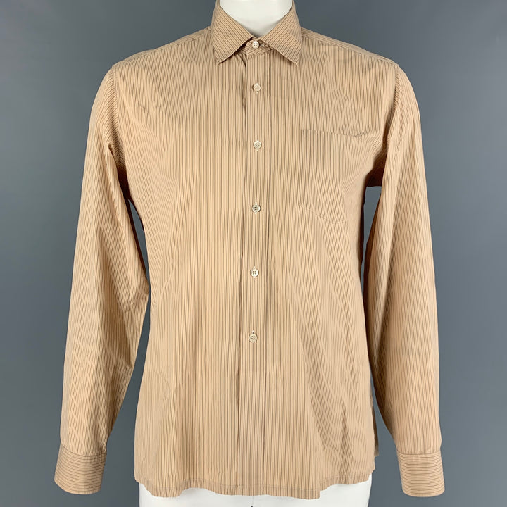 DRIES VAN NOTEN Khaki & Black Pinstripe Cotton Button Up Size L Long Sleeve Shirt