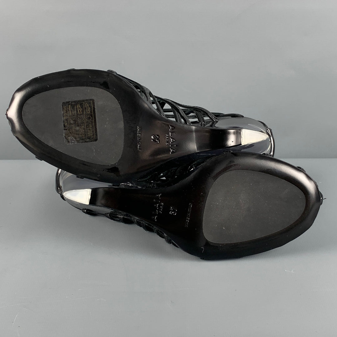 ALAIA Size 7 Black Caged Patent Leather Wedge Sandals