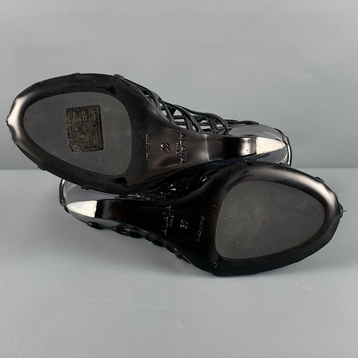 ALAIA Size 7 Black Caged Patent Leather Wedge Sandals