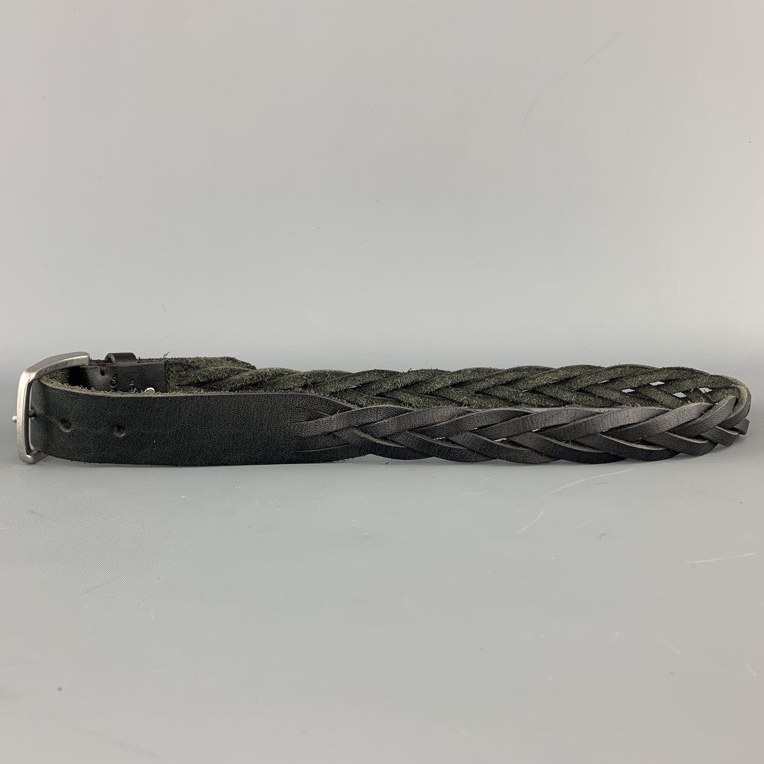CAPUTO &amp; CO. Talla 38 Cinturón con hebilla en tono plateado de cuero negro trenzado