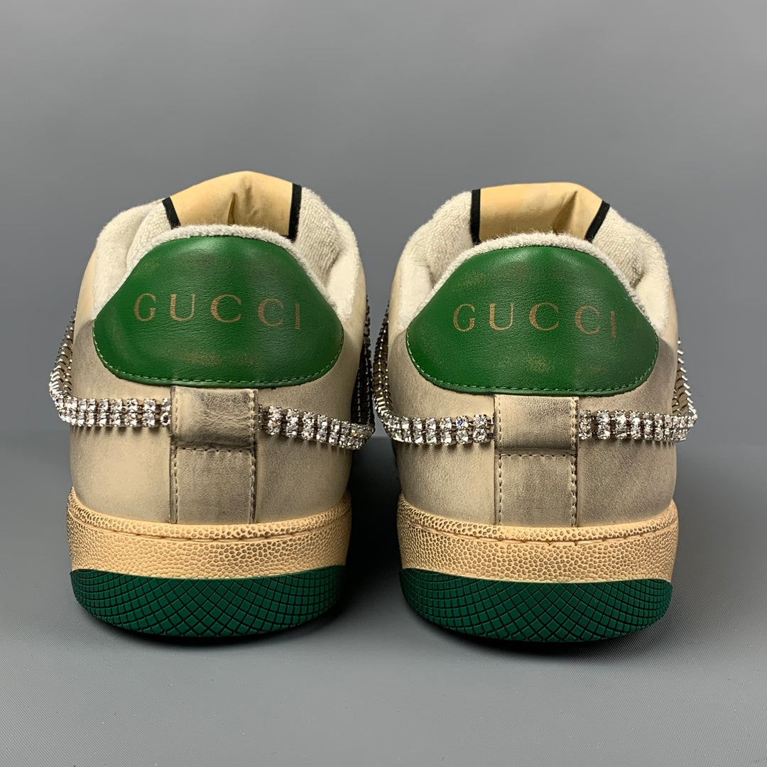 GUCCI Size 14 Off White Green Distressed Leather Crystal Screener