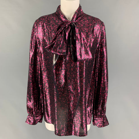 MARC JACOBS Size 10 Black Purple Silk Polyester Floral Bow Blouse