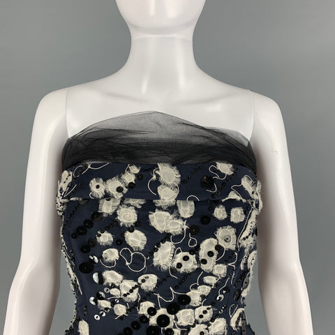 NAEEM KHAN Vestido de noche largo sin tirantes con payettes de seda color crema negro talla 4