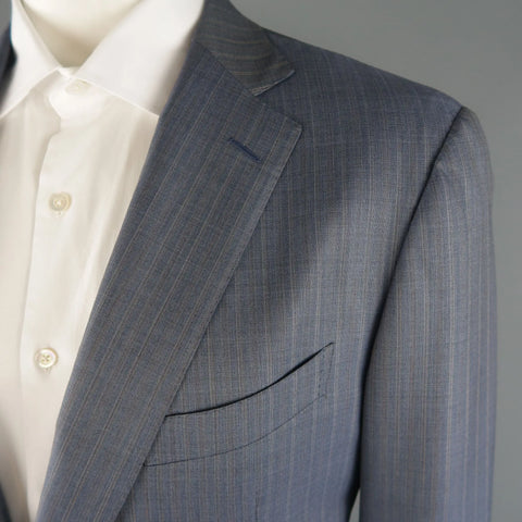 ERMENEGILDO ZEGNA 48 Long Blue Striped Wool Single Breasted Notch Lapel Suit ERMENEGILDO ZEGNA