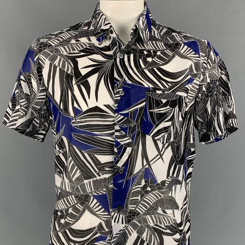 MR TURK Size L Black & Blue Print Cotton Button Up Short Sleeve Shirt