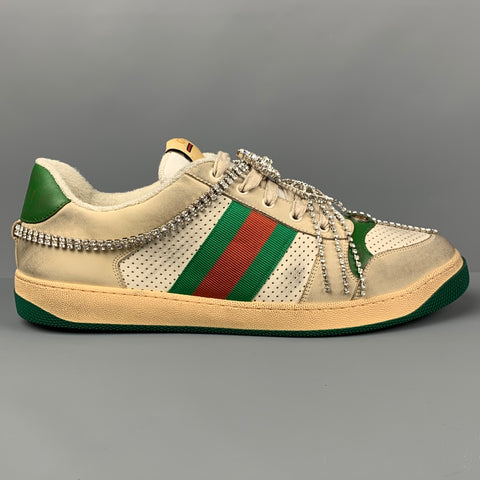 GUCCI Talla 14 Zapatillas de deporte Crystal Screener de cuero desgastado verde blanquecino