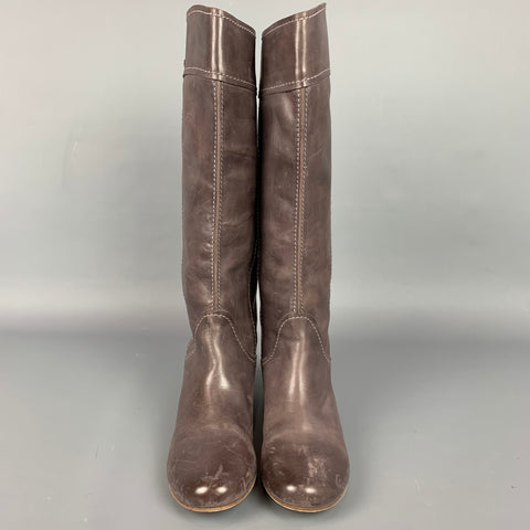 CHLOE Size 8.5 Brown Leather Contrast Stitch Knee High Julie Boots