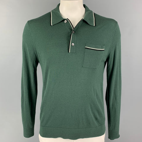 TODD SNYDER Size L Green Striped Trim Merino Wool Long Sleeve Polo