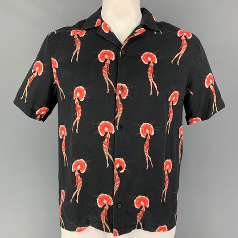 SATURDAYS NYC Size L Black Orange Erte Print Tencel Camp Short Sleeve Shirt