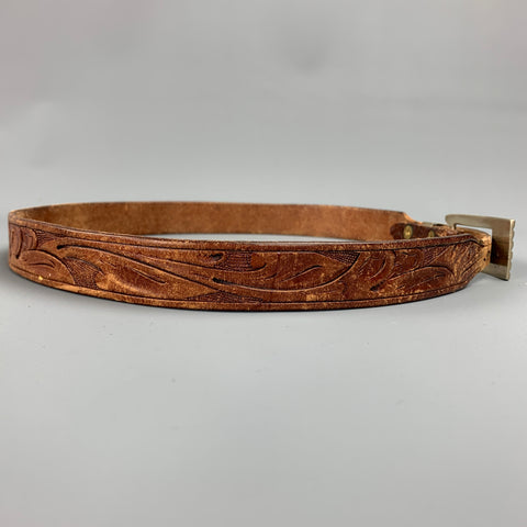 VINTAGE Taille 30 Ceinture skinny en cuir sculpté marron