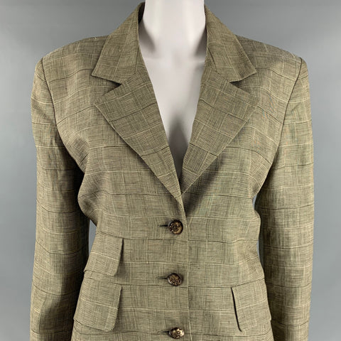 HERMES Size 10 Brown Beige Linen Plaid Single Breasted Skirt Suit