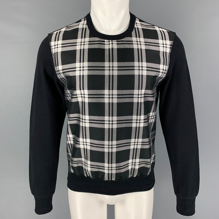 ALEXANDER MCQUEEN Size S Black Silver Plaid Silk Polyester Crew-Neck Pullover