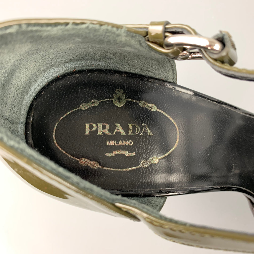 PRADA Size 9.5 Olive & Black Patent Leather Platform Sandals