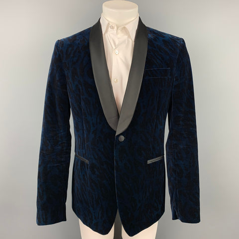 VERSACE COLLECTION Size 40 Navy & Black Leopard Print Shawl Collar Sport Coat