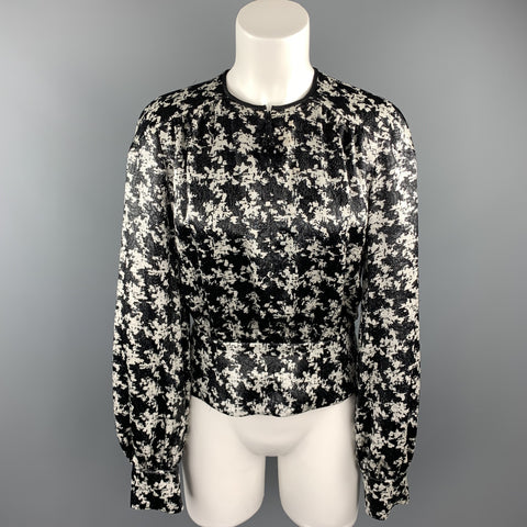 ESCADA Taille 4 Chemisier zippé sans col en soie pied-de-poule métallisé noir et blanc