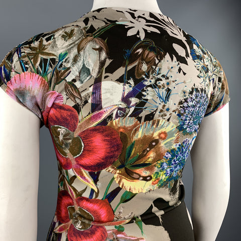 ETRO Size 12 Beige Multi-Color Floral Draped Jersey Blouse