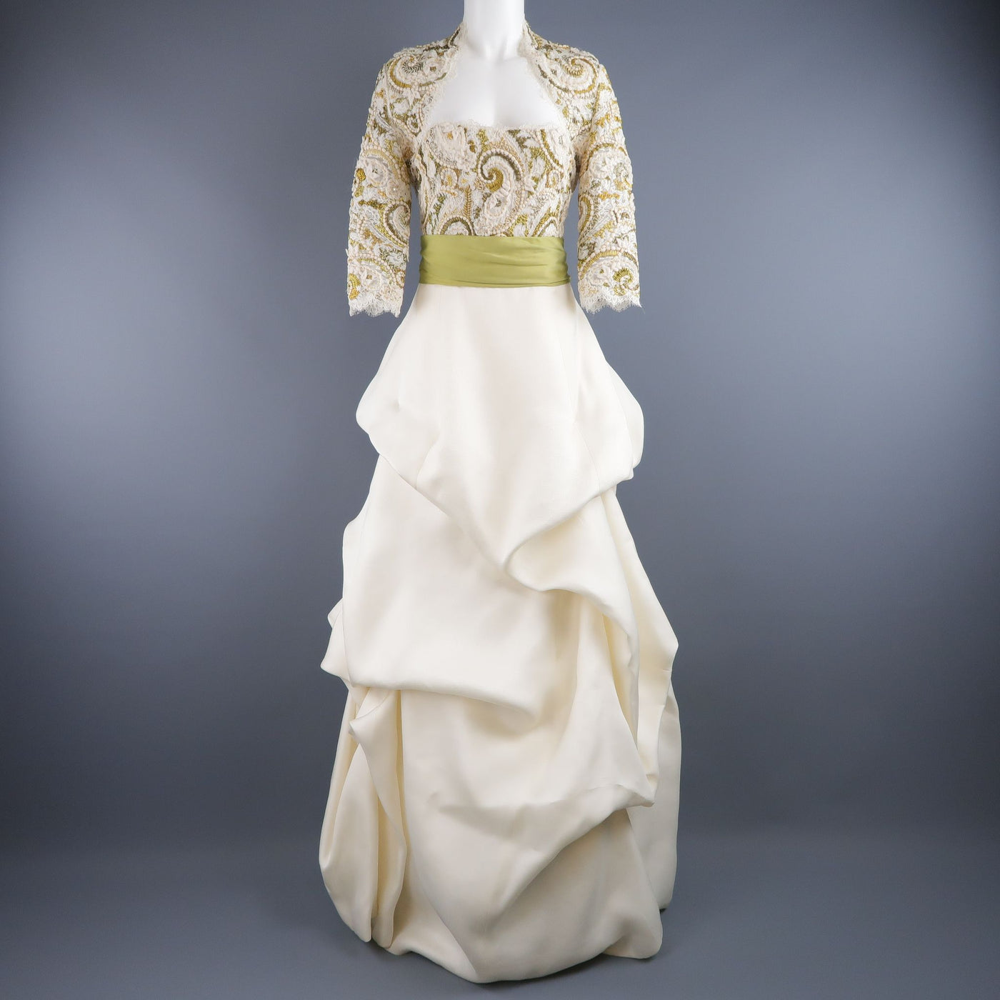MONIQUE LHUILLIER Size 10 Cream Gold Green Lace Bodice Bolero Gown