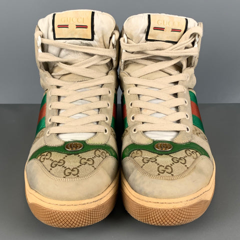 GUCCI Size 10.5 Tan Green & Red Distressed Canvas High Top Sneakers