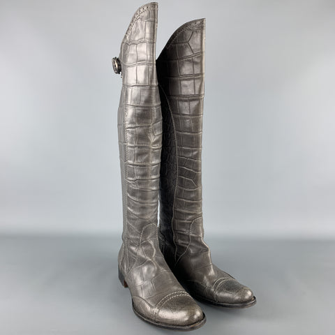 HENRY BEGUELIN Talla 8.5 Botas hasta la rodilla de piel con relieve de cocodrilo gris