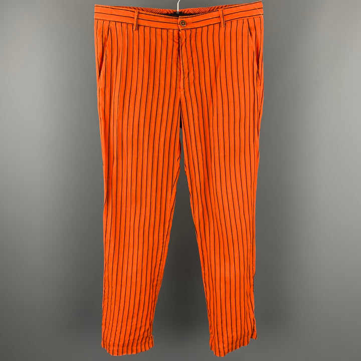 ETRO Talla 32 Pantalones casuales con cremallera y lino a rayas naranjas