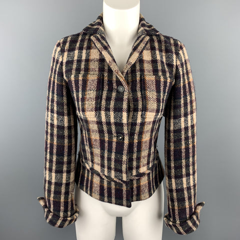 JIL SANDER Size 6 Beige &  Navy Plaid Cropped Jacket