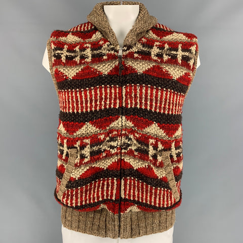 RRL by RALPH LAUREN Talla XXL Chaleco con cremallera de mezcla de lino tejido a mano en rojo y tostado