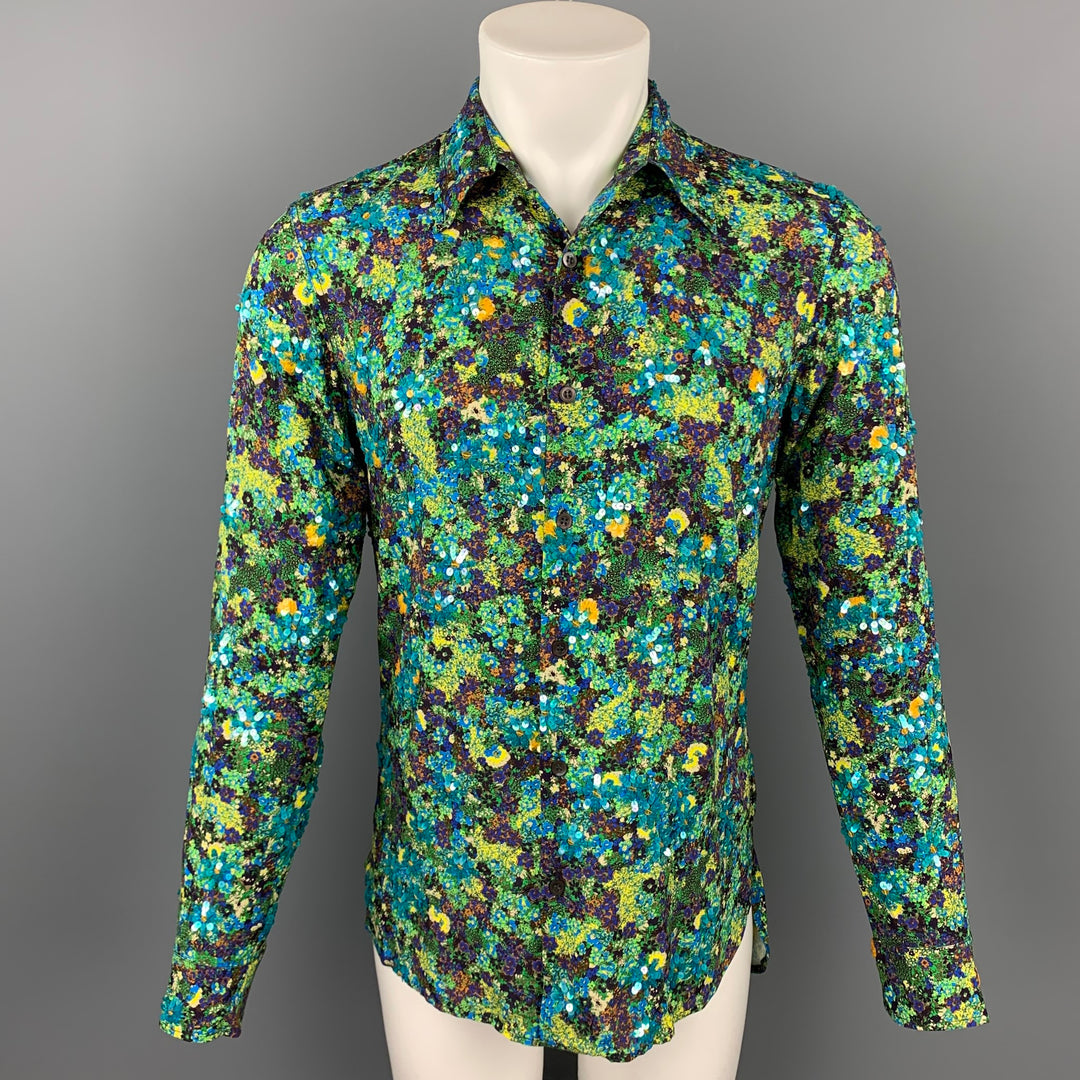 DRIES VAN NOTEN S/S 20 Size XS Green & Blue Beaded Viscose Button Up Long Sleeve Shirt