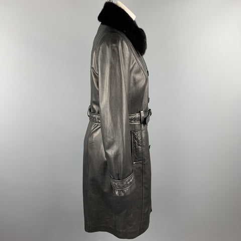 GIZIA Taille 4 Manteau à double boutonnage en cuir noir avec col en fourrure