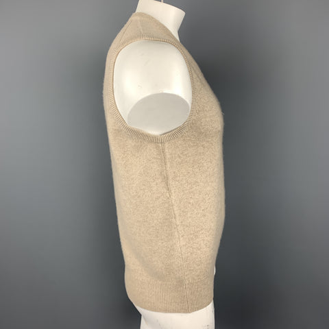 BALLANTYNE Talla XL Chaleco tipo suéter con cuello en V de cachemira beige color avena jaspeado
