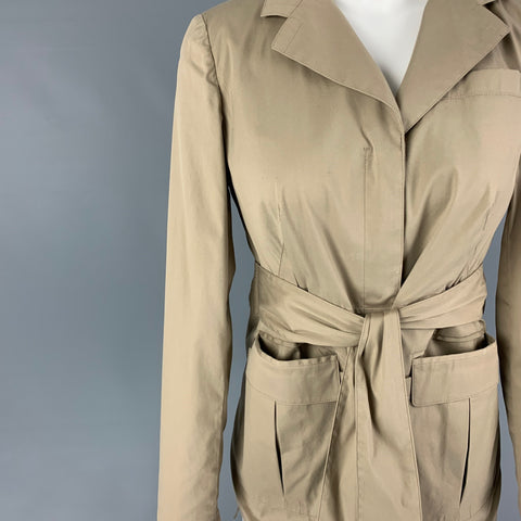 PRADA Size 4 Beige Cotton Blend Ruched Back Belted Jacket