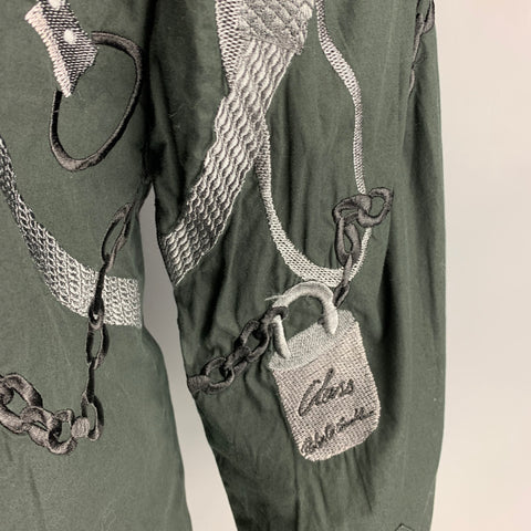 ROBERTO CAVALLI Size XL Black Grey Embroidery Cotton Button Up Long Sleeve Shirt