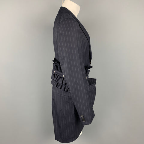 COMME des GARCONS HOMME PLUS Size M Navy Stripe Ruffle Cut Out Notch Lapel Coat