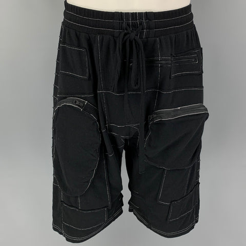 DEMOBAZA Size S Black White Contrast Stitch Cotton Drop-Crotch Shorts