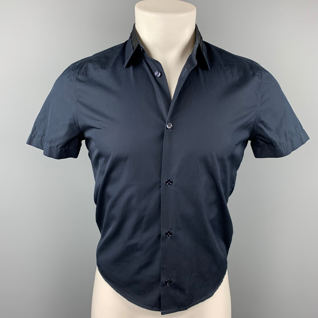 BALENCIAGA Size S Navy & Black Cotton Button Down Short Sleeve Shirt