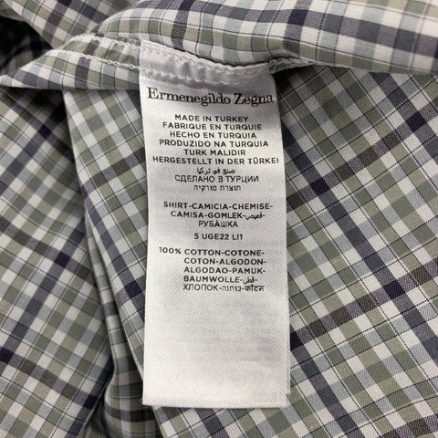 ERMENEGILDO ZEGNA Size XL White & Green Plaid Cotton Long Sleeve Shirt
