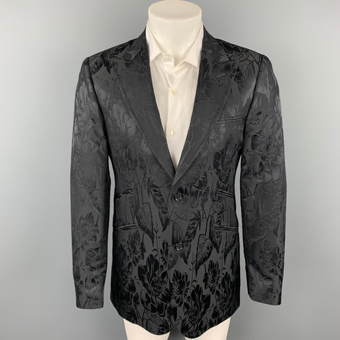 TED BAKER Size 38 Regular Black Jacquard Wool / Silk Peak Lapel Sport Coat