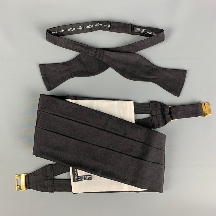 HERMES Black Silk Cummerbund & Bow Tie Set