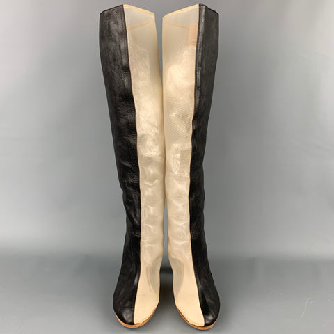 MAISON MARGIELA Talla 10 Botas hasta la rodilla de malla de cuero negro y beige