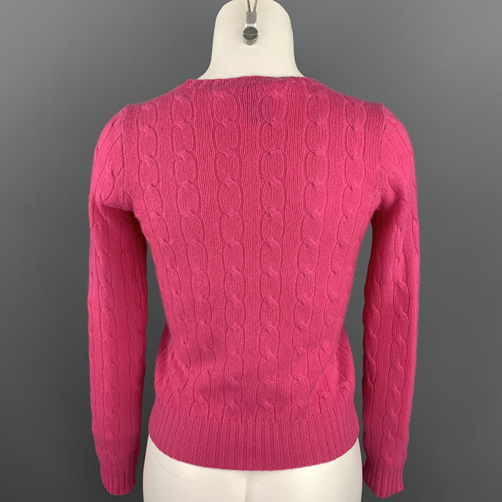 RALPH LAUREN Size S Fuchsia Cable Knit Cashmere Crew-Neck Sweater