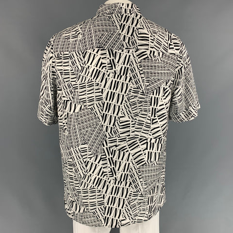 ALEXANDER WANG Size L White & Black Logo Silk Camp Short Sleeve Shirt