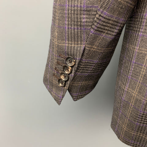 ISAIA Size 46 Charcoal & Purple Plaid Wool / Cashmere Notch Lapel Sport Coat